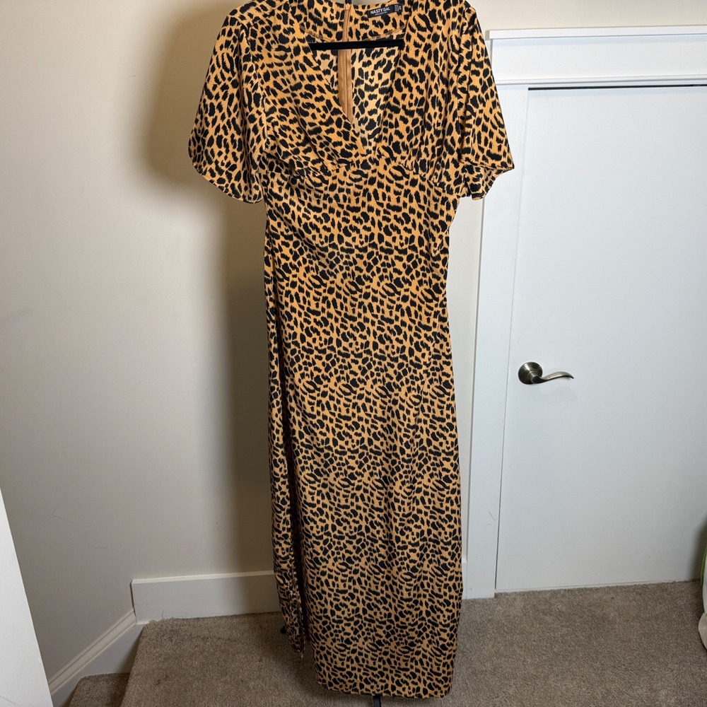Nasty Gal Maxi Dress Womens 4 Leopard Print V-Neck Short Sleeve Animal Boho Chic